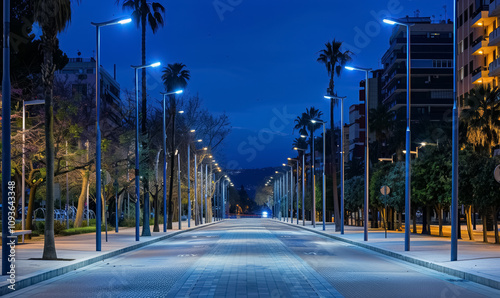 illuminated pedestrian street with modern streetlight and led lanterns at night