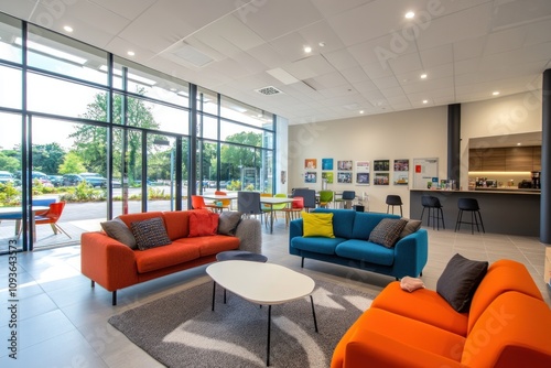 A modern office lounge with comfortable seating, a coffee bar, and large windows overlooking a green outdoor area.