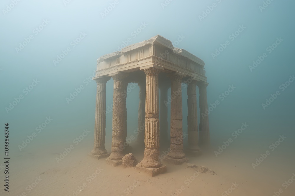Naklejka premium An ancient Greek temple in Libya, partially submerged beneath water, showcasing the ruins’ intricate architecture and the dramatic effects of time and nature on historical sites