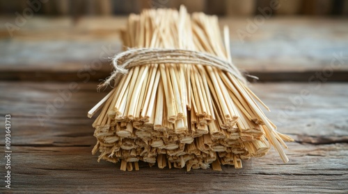 Bundle of Dried Bamboo Sticks on Wooden Surface photo