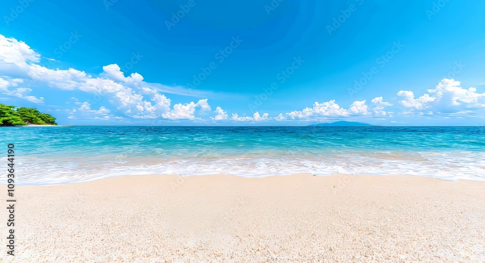 Obraz premium The morning landscape features a horizon where the sea meets the sky, with a blue sky and white, foamy waves on the sandy beach, offering ample space for tourism presentations.
