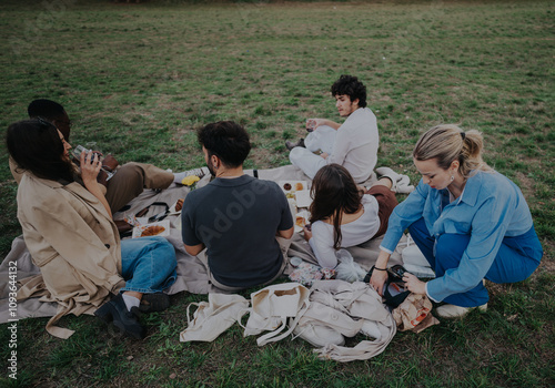 A cheerful group of young friends gathers for a relaxed picnic on a grassy area. They enjoy snacks and drinks, fostering a sense of community and leisure.