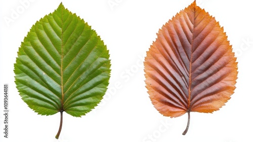 Green and brown comparative leaf study: nature's seasonal transition reflected in detailed texture photo