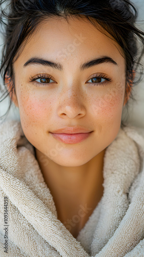 Close-up portrait of a serene young woman with natural freckles wearing a plush white robe. Beauty, wellness, spa treatment, glowing skin, relaxing environment