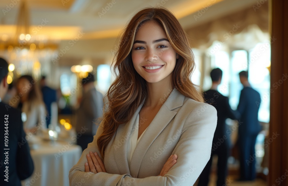 Confident Young Woman in Business Attire at Hotel Event, Arms Crossed Confident Young Woman in Business Attire at Hotel Event, Arms Crossed