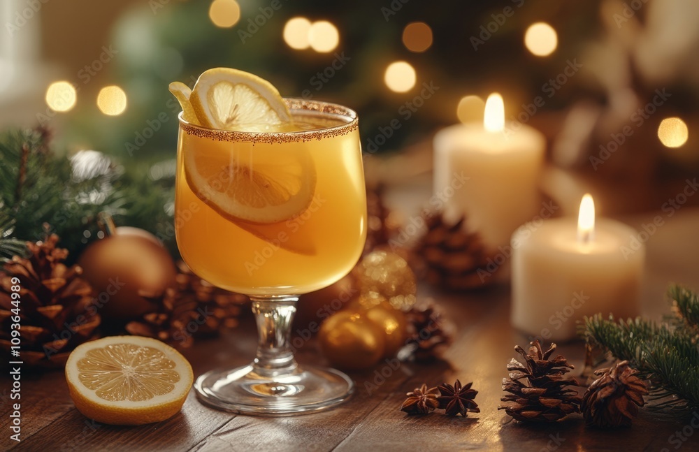 Glass of Mulled Wine with Lemon, Candles, and Christmas Decor on Wooden Table