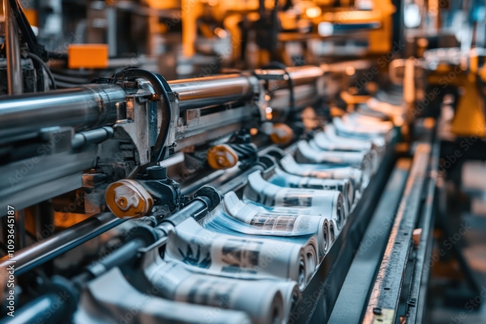 Fototapeta premium A row of newspapers being folded and stacked by a large industrial printing press.