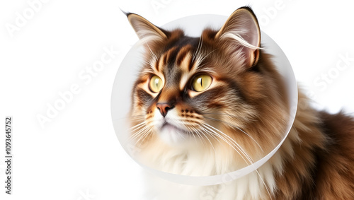 Head shot of senior Norwegian Forest cat after eye Entropion surgery and removal of sequestrum. Cat wearing protective cone around neck. Isolated on a white background. photo