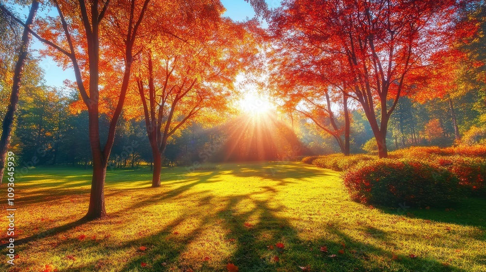 Fototapeta premium A vibrant autumn landscape with a golden sunrise shining through the foliage of red and orange trees.