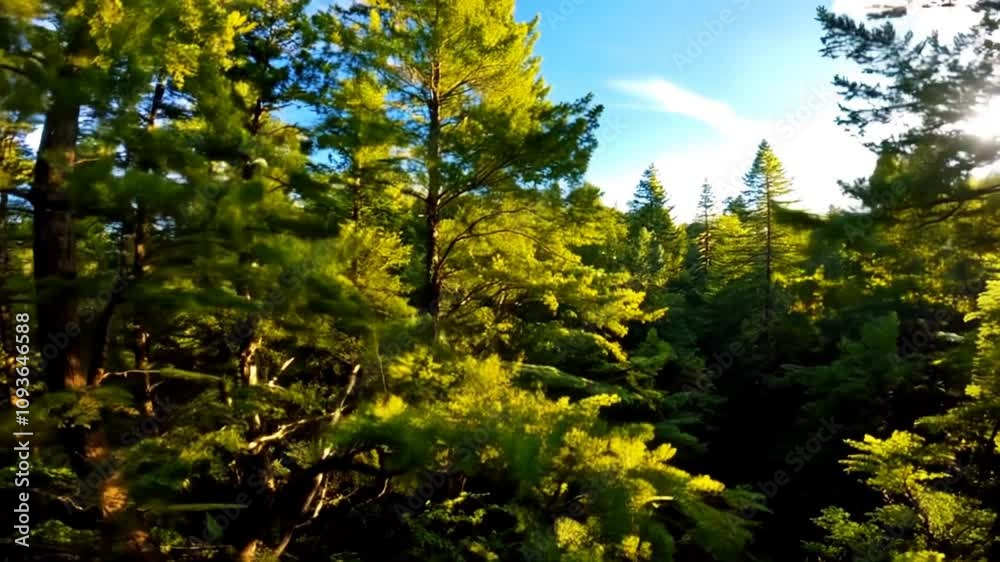 Aerial view of a dense forest canopy with sunlight filtering through the leaves. Aerial view of a dense forest canopy with sunlight filtering through the leaves.