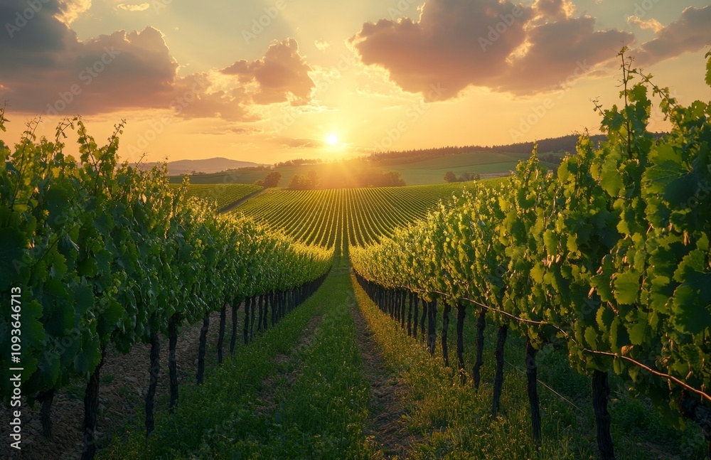 Naklejka premium Vineyard landscape at sunset with grape plants and rows of vines