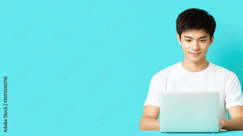 Asian Man Engaging with Laptop Against Bright Turquoise Background Asian Man Engaging with Laptop Against Bright Turquoise Background