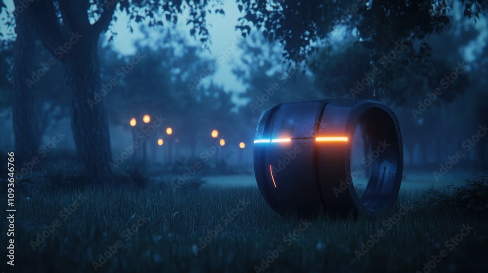 Futuristic glowing cylindrical object in park