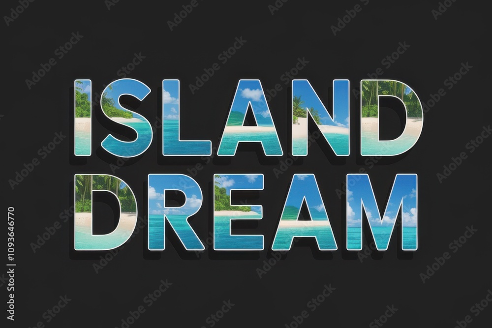 Tropical Island Dream Text with Ocean and Beach Imagery Inside Letters Tropical Island Dream Text with Ocean and Beach Imagery Inside Letters