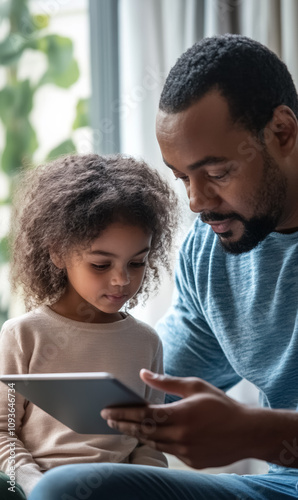 father with kid together using digital tablet for study, doing homework and browsing internet