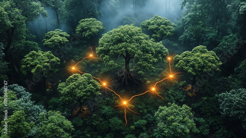 Magical forest with glowing trees connected by luminous lines in a misty atmosphere during early morning light. Generative AI photo