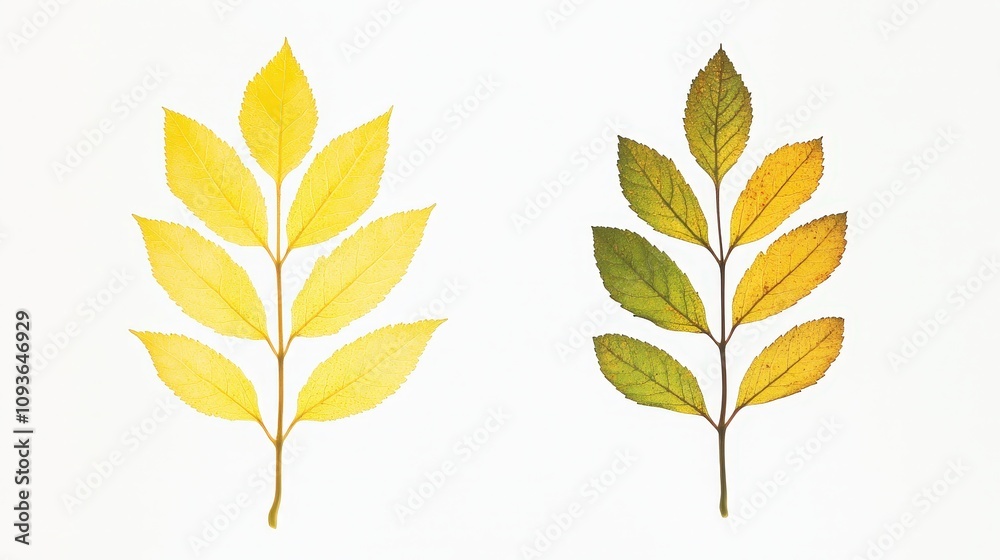 Comparison of yellow and green ash leaves showcasing seasonal transition Comparison of yellow and green ash leaves showcasing seasonal transition