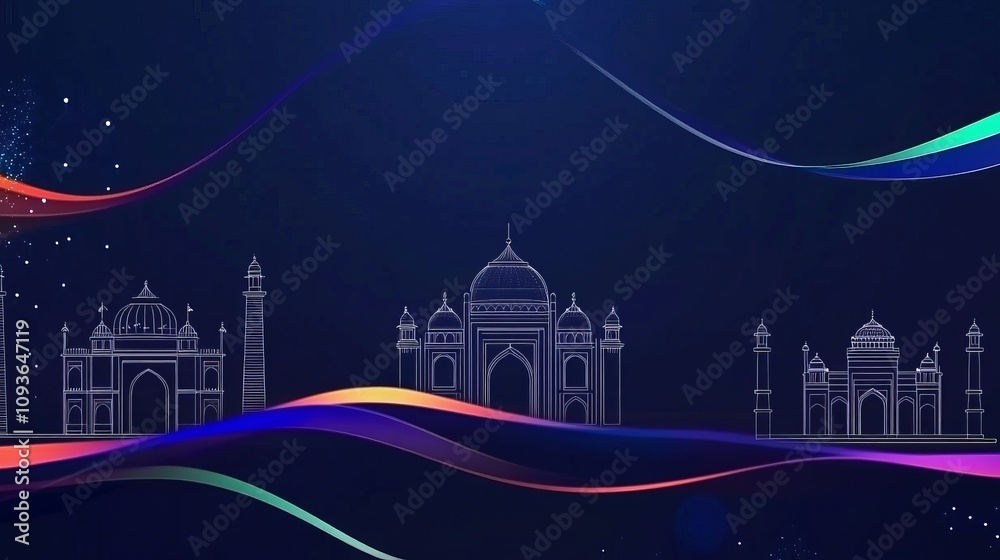 Abstract dark blue background with glowing tricolor lines framing iconic Indian landmarks Abstract dark blue background with glowing tricolor lines framing iconic Indian landmarks