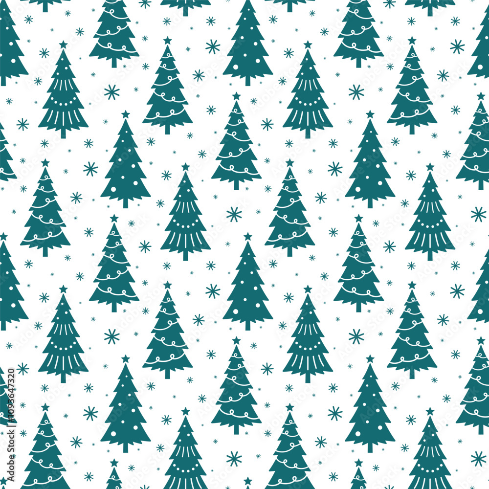Small decorated green Christmas trees and snowflakes isolated on white background. Cute monochrome seamless pattern. Vector simple flat graphic illustration. Texture.