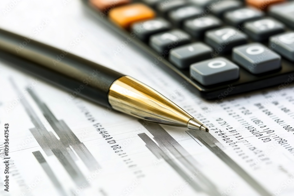 A black pen with a gold tip lying on a piece of paper with financial data and a calculator beside it. A black pen with a gold tip lying on a piece of paper with financial data and a calculator beside it.