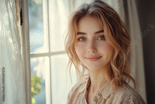 A young woman smiling softly by a window, radiating warmth and positivity.