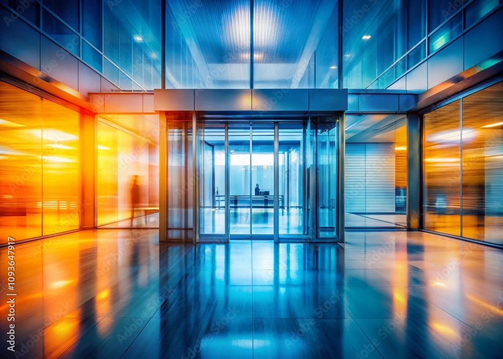 Fototapeta premium Surreal Abstract Blur of a Modern Office Interior Entrance with Pale Blue Background and Orange Light Effects, Creating an Ethereal Atmosphere of Contemporary Design
