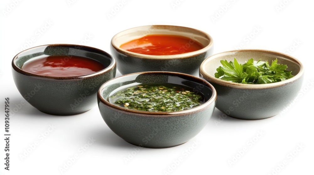 Four small bowls with different sauces and herbs on a white background. Four small bowls with different sauces and herbs on a white background.