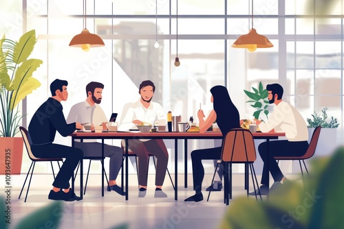 Five colleagues are sitting at a table in an office lunchroom and having lunch together.  They are all smiling and enjoying their food.  They are working on their lunch break