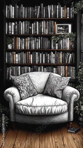 Cozy white armchair with patterned pillows in a stylish home library filled with books and decorative plants.