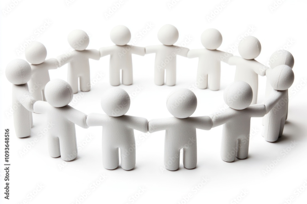 A circle of ten white figures holding hands, symbolizing unity, teamwork, and cooperation. A circle of ten white figures holding hands, symbolizing unity, teamwork, and cooperation.