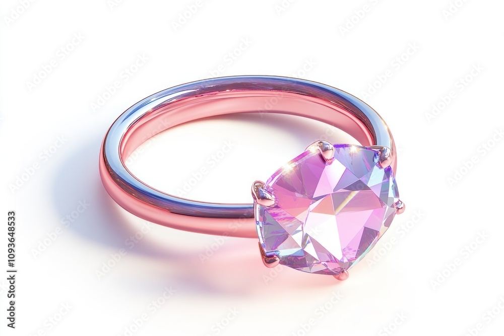 A pink gemstone ring with a rose gold band sits on a white background.