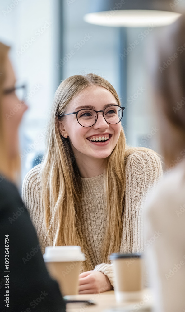 Smiling woman interacts energetically with colleagues in a bright, modern office environment during a collaborative meeting Smiling woman interacts energetically with colleagues in a bright, modern office environment during a collaborative meeting