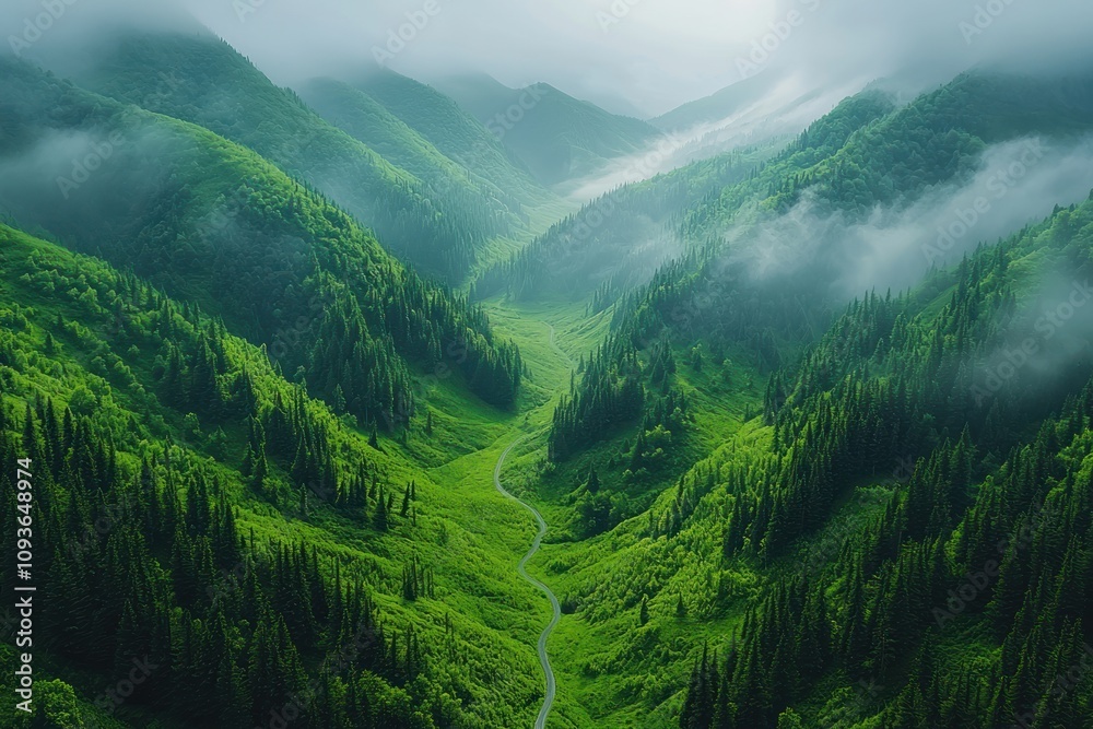 A Winding Road Through Misty Mountain Valley A Winding Road Through Misty Mountain Valley