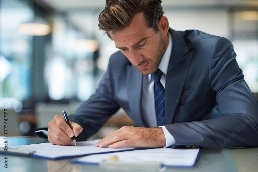 Waist-Up Photo of Caucasian Male Insurance Agent Signing Life Insurance Contract at Office Desk Waist-Up Photo of Caucasian Male Insurance Agent Signing Life Insurance Contract at Office Desk