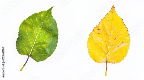 Comparison of green and yellow leaves highlighting seasonal changes