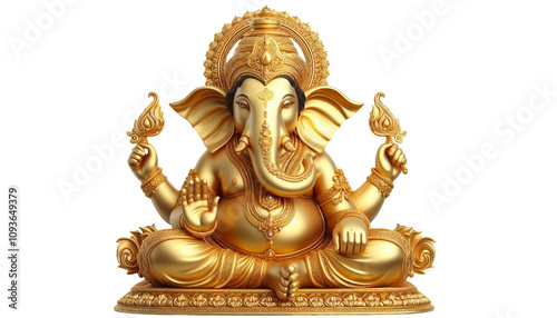 golden color Indian Hindu religion god Ganesh or Ganesha idol cutout in transparent background, png format