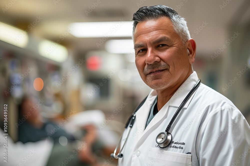 Senior Hispanic Male Doctor Providing Medical Care with Stethoscope at Hospital Senior Hispanic Male Doctor Providing Medical Care with Stethoscope at Hospital