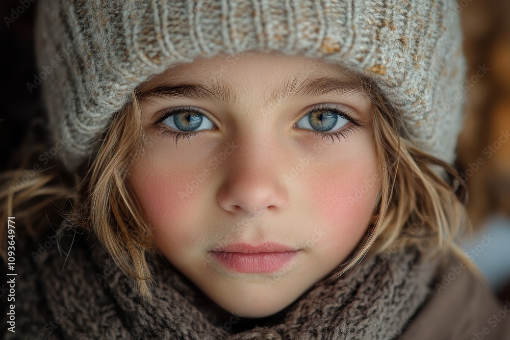Close-up of a child's face in winter attire, featuring striking blue eyes and a knitted beanie. Close-up of a child's face in winter attire, featuring striking blue eyes and a knitted beanie.