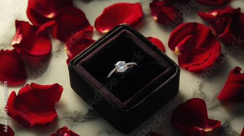 Black velvet ring box featuring a sleek diamond engagement ring, surrounded by deep red rose petals on a marble background, creating a dramatic and luxurious romantic setting. photo