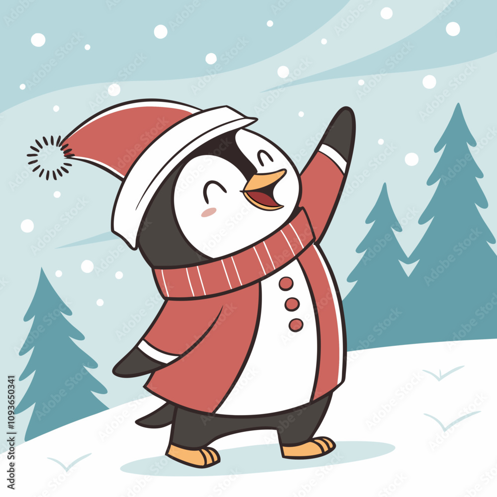 A cheerful penguin dressed in a festive Christmas outfit, featuring a red Santa hat and a cozy green scarf, standing in a snowy winter wonderland with twinkling lights and holiday decorations A cheerful penguin dressed in a festive Christmas outfit, featuring a red Santa hat and a cozy green scarf, standing in a snowy winter wonderland with twinkling lights and holiday decorations