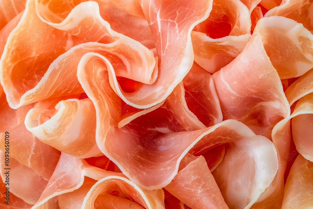 Close-Up of a Pile of Thinly Sliced Prosciutto, Highlighting Its Silky Texture and Rich Color. Perfect for Culinary Ads, Gourmet Photography, or Menu Designs.