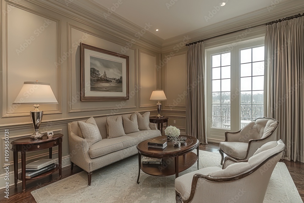 Fototapeta premium Elegant Living Room with White Sofa, Chairs, and Coffee Table