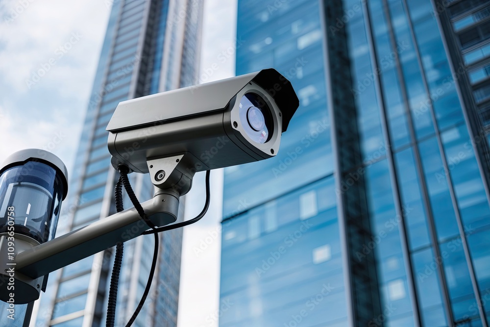 Advanced Security Camera on Modern Skyscraper for Optimal Outdoor Surveillance and Safety Advanced Security Camera on Modern Skyscraper for Optimal Outdoor Surveillance and Safety