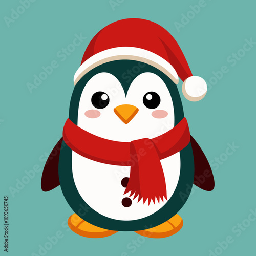 A cheerful penguin dressed in a festive Christmas outfit, featuring a red Santa hat and a cozy green scarf, standing in a snowy winter wonderland with twinkling lights and holiday decorations