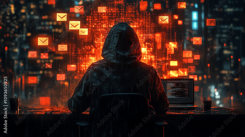 A hooded hacker surrounded by phishing emails and malicious icons floating around their workstation A hooded hacker surrounded by phishing emails and malicious icons floating around their workstation