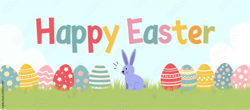 Colorful happy easter design with cute bunny and decorated eggs