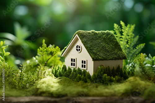 A small house with green leaves and moss in forest. Concept of energy saving with modern technology. Concept of passive house heating