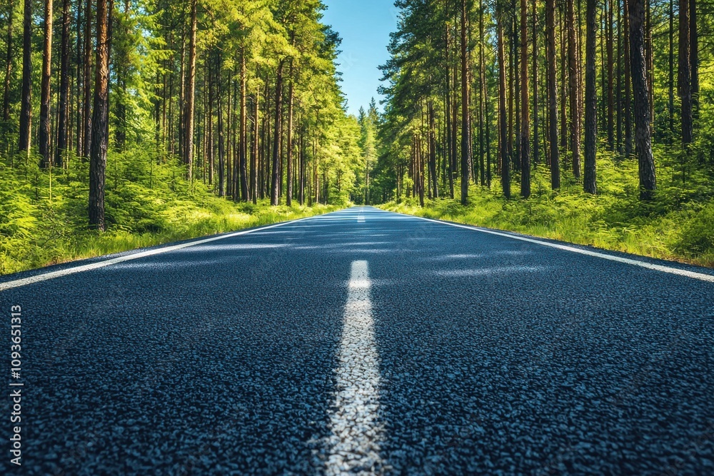 Obraz premium Empty asphalt road leading through a dense pine forest