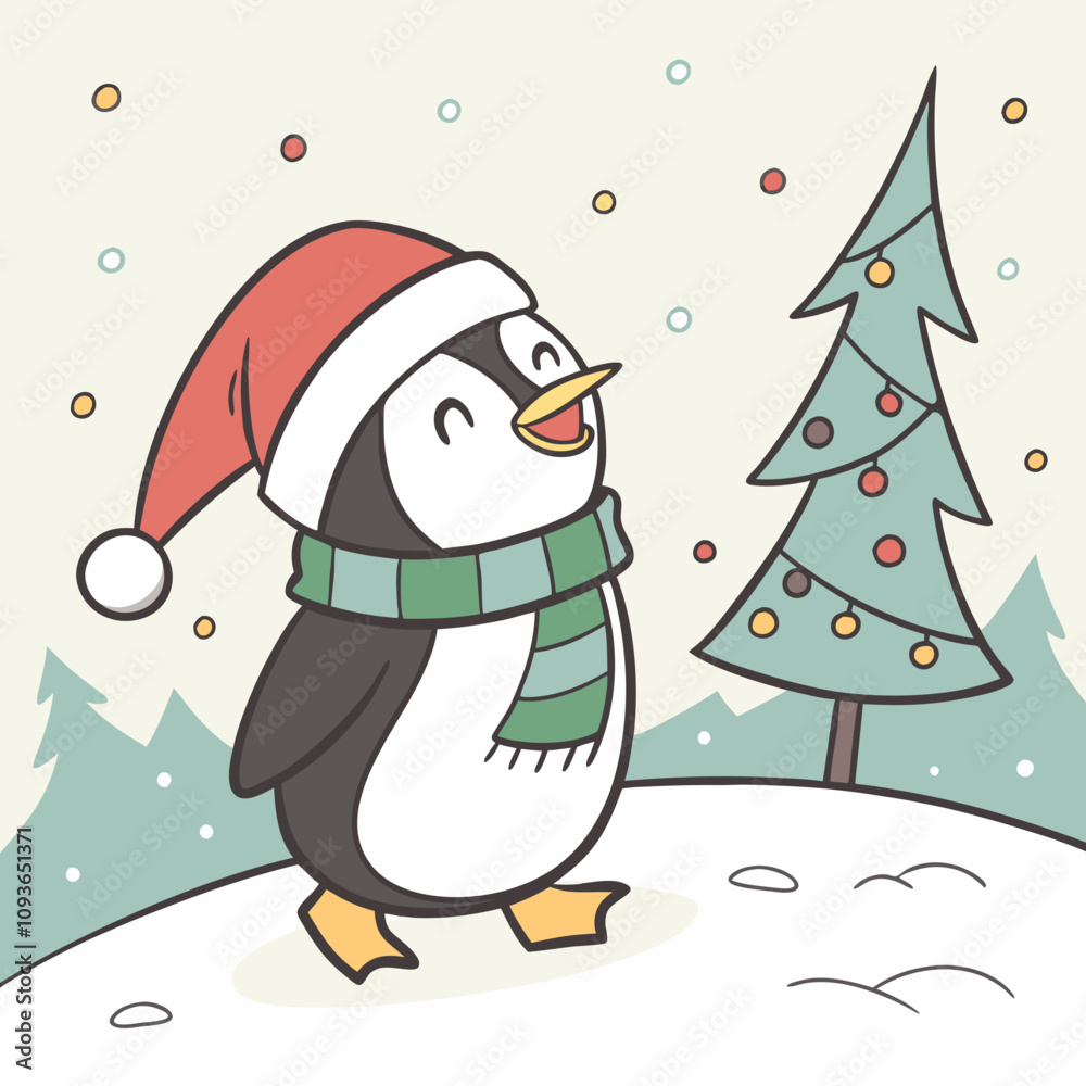 A cheerful penguin dressed in a festive Christmas outfit, featuring a red Santa hat and a cozy green scarf, standing in a snowy winter wonderland with twinkling lights and holiday decorations A cheerful penguin dressed in a festive Christmas outfit, featuring a red Santa hat and a cozy green scarf, standing in a snowy winter wonderland with twinkling lights and holiday decorations