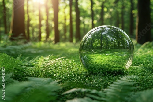 A Glass Sphere Reflecting a Forest Scene on a Bed of Lush Green Foliage